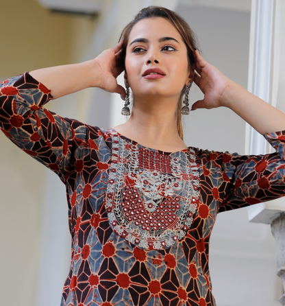 Women's rayon embroidered printed straight kurta with pant set