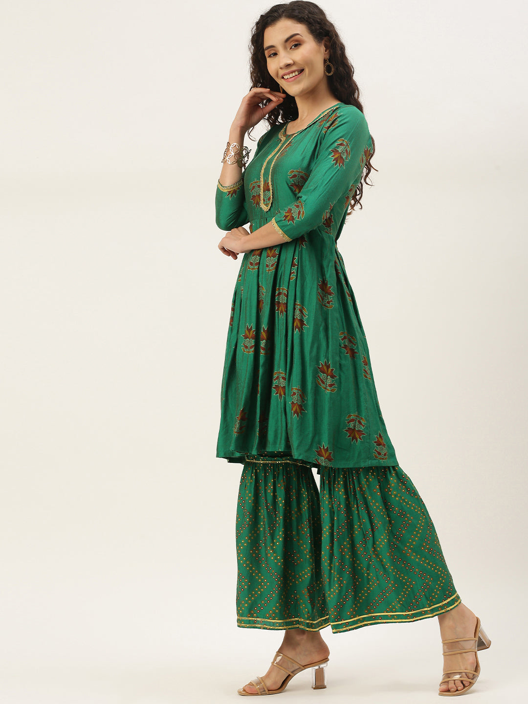 Women's Green Color Muslin Foil Printed Kurta Sharara With Dupatta