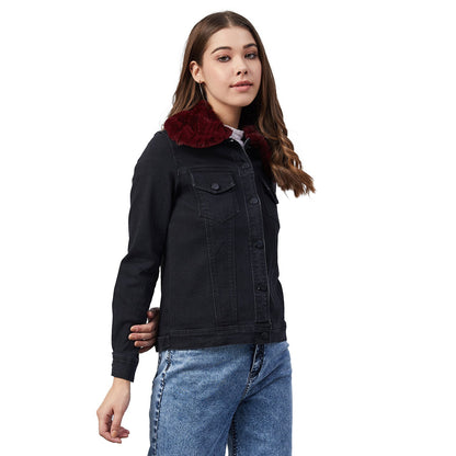 Women's Black Denim Jacket with Detachable Maroon Fur Collar