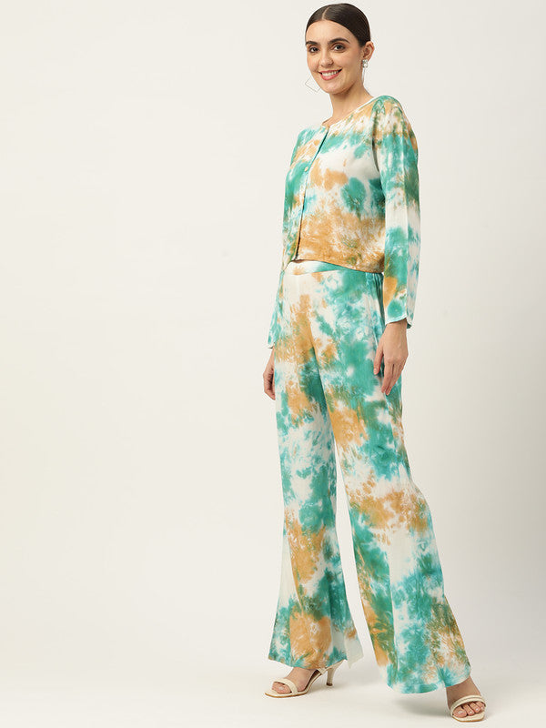 Women's Green Beige Tie Dyed Co-Ords