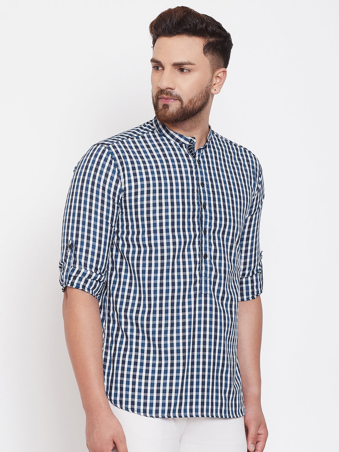 Men's Checked Blue & White Shirt Kurta