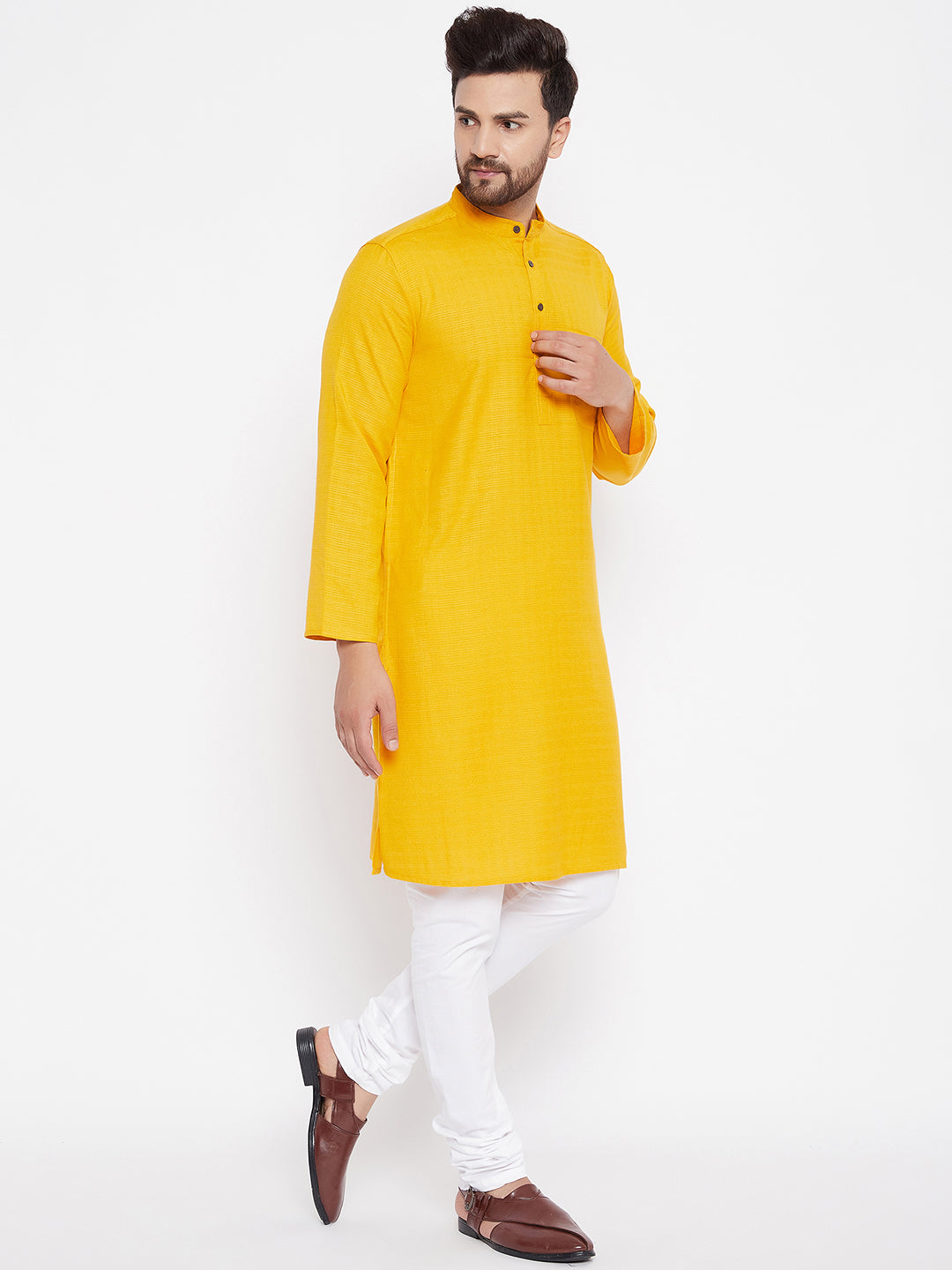 Men's Woven Design Yellow Straight  Kurta