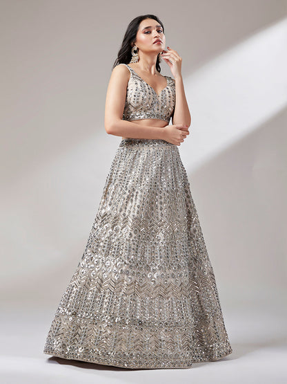 Women's Beige - Net Mirror & Sequins Embroiderey Ready To Wear  Lehenga Choli