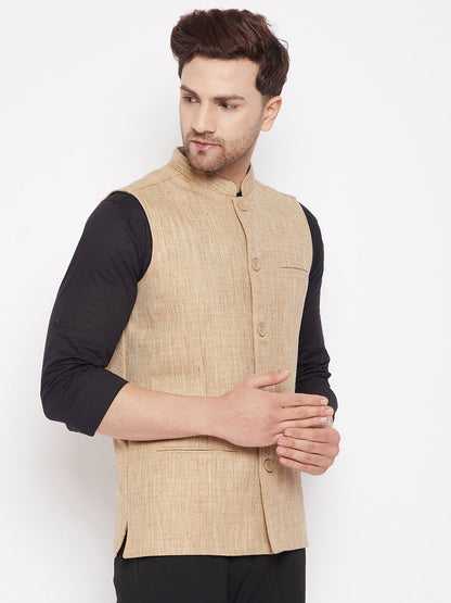 Men's Beige Color Woven Nehru Jacket