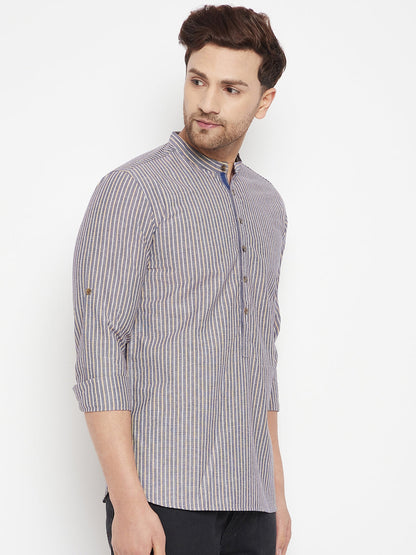 Men's Grey Color Short Kurta with Band Collar