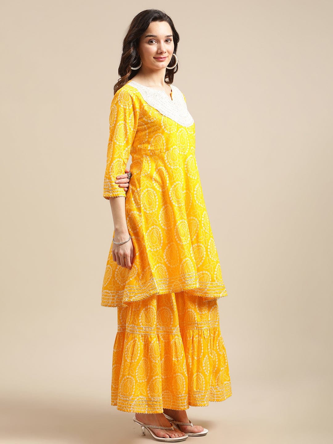 Women's Mustard And White Bandhej Printed Flared Kurta Sharara Set With Net Embroidered Dupatta