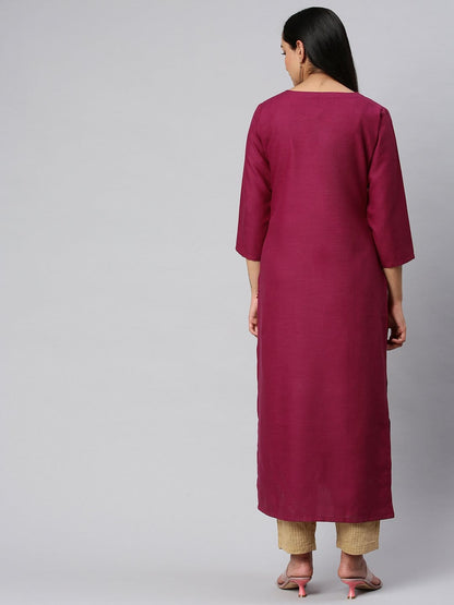 Women's KSUT Fuchsia And Gold Yoke Embroidery Kurta With 3/4Th Sleeves