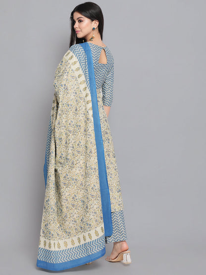 Women's Grey Printed Kurta Palazzo With Dupatta