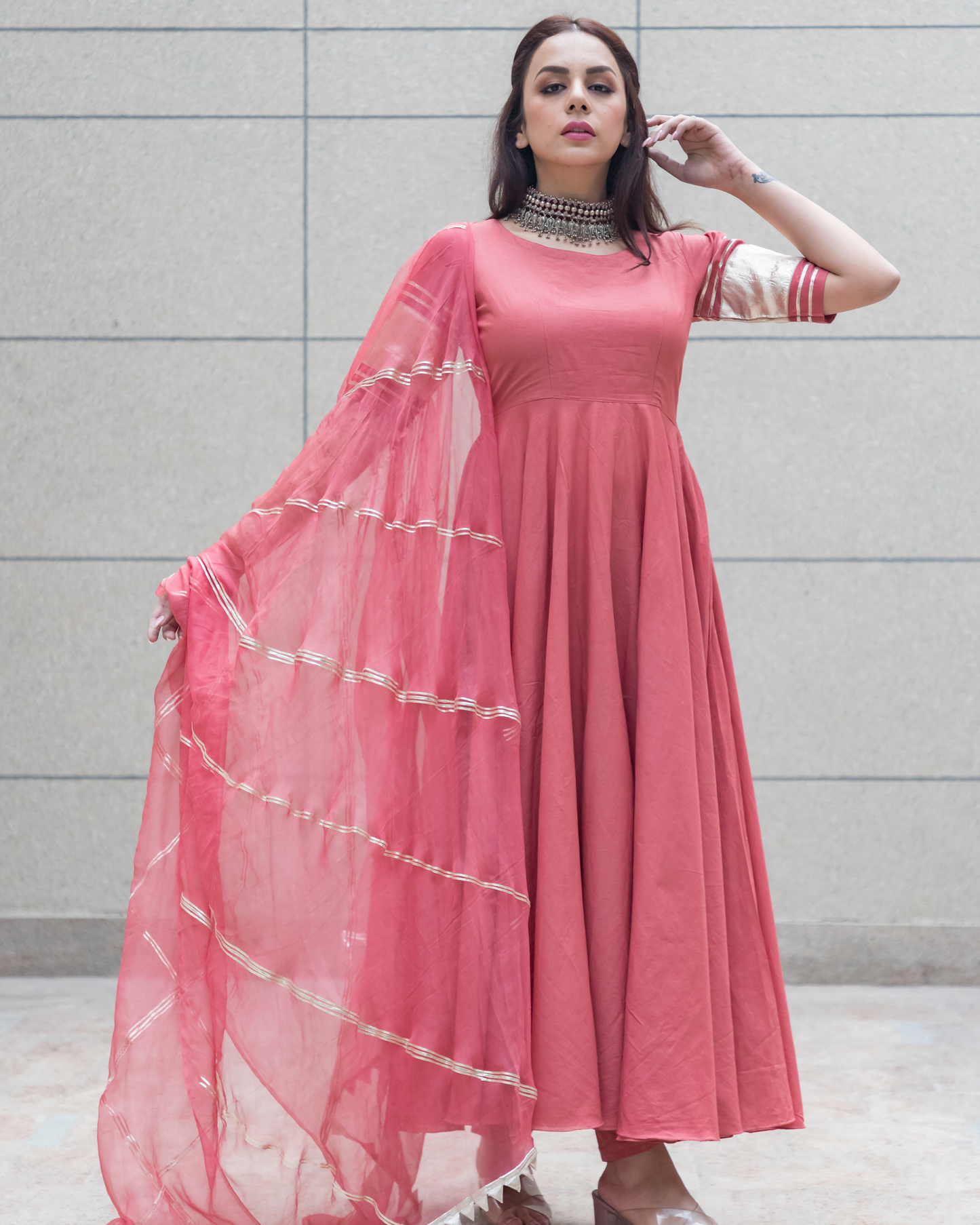 Women's Peach Gotapatti Cotton Suit Set