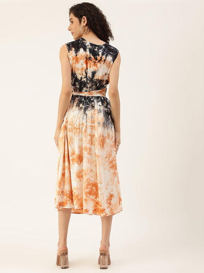 Women's Orange Color Tie-Up Belt Gathered Dress