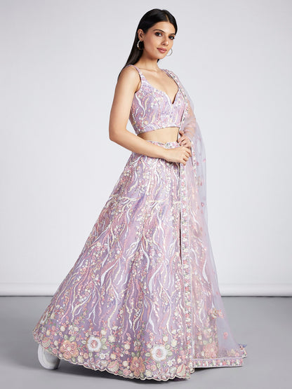 Women's Mauve Net Sequins And Thread Embroidery Lehenga Choli & Dupatta