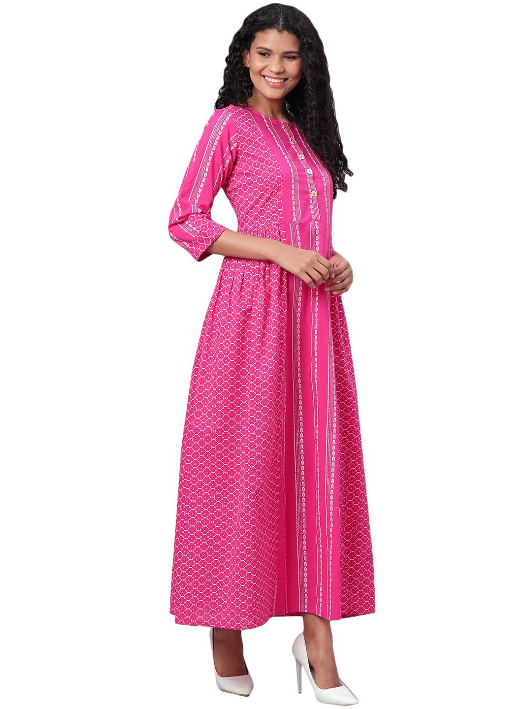 Women's Pink Printed 3/4 Sleeve Cotton Round Neck Dress