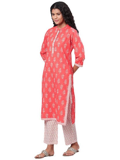 Women's Orange Printed 3/4 Sleeve Cotton Round Neck Kurta & Pant Set