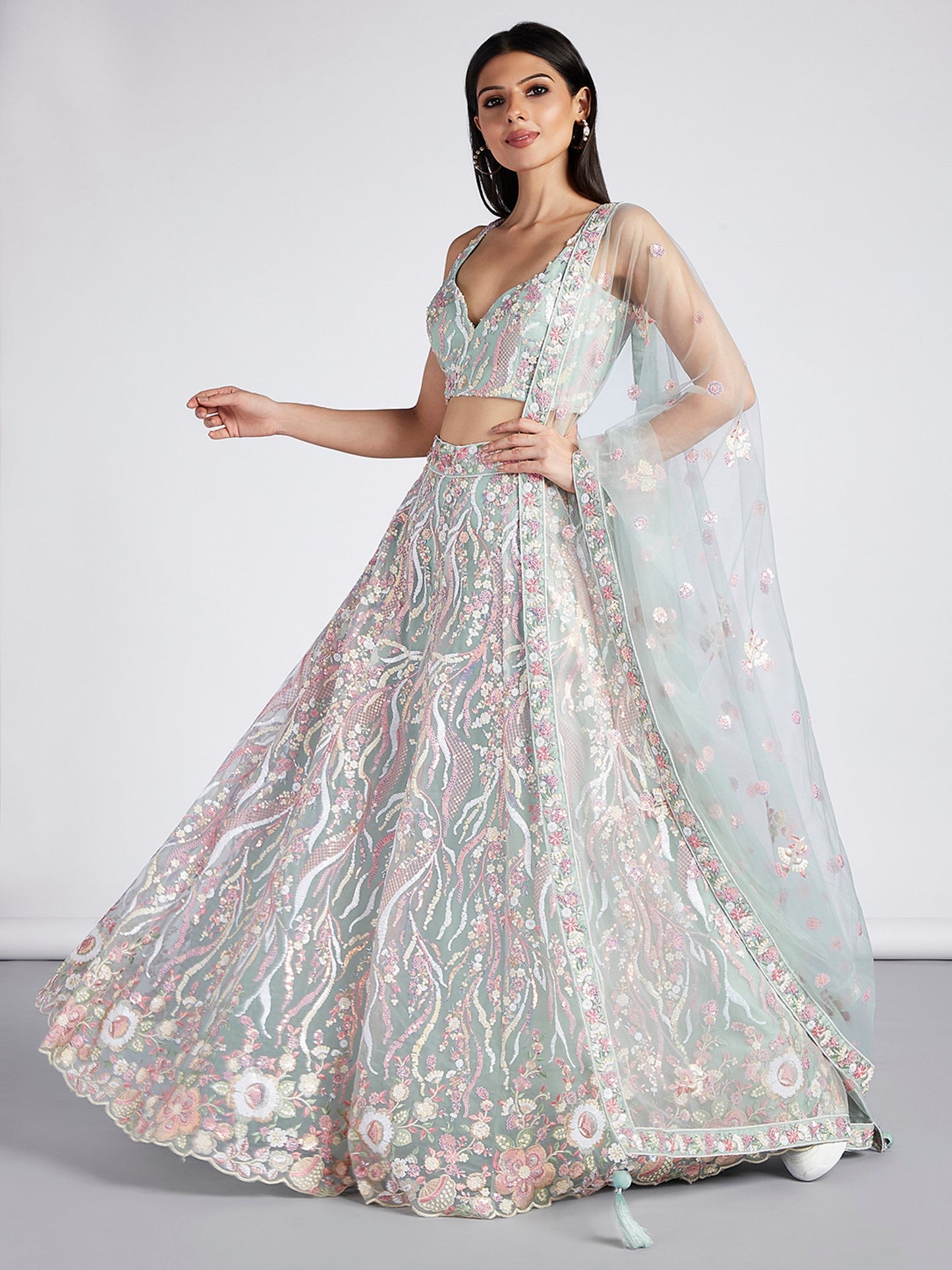 Women's Lime Green Net Sequins And Thread Embroidery Lehenga Choli & Dupatta