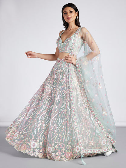 Women's Lime Green Net Sequins And Thread Embroidery Lehenga Choli & Dupatta