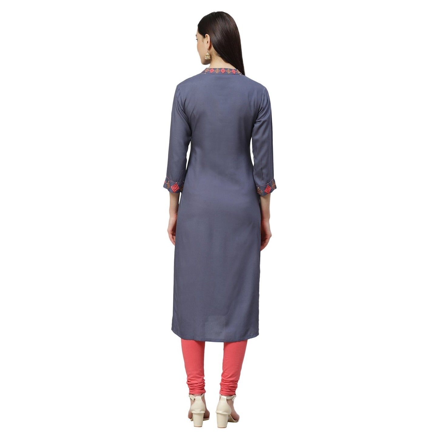 Women's Grey Rayon Printed 3/4 Sleeve Collar Casual Kurta Only