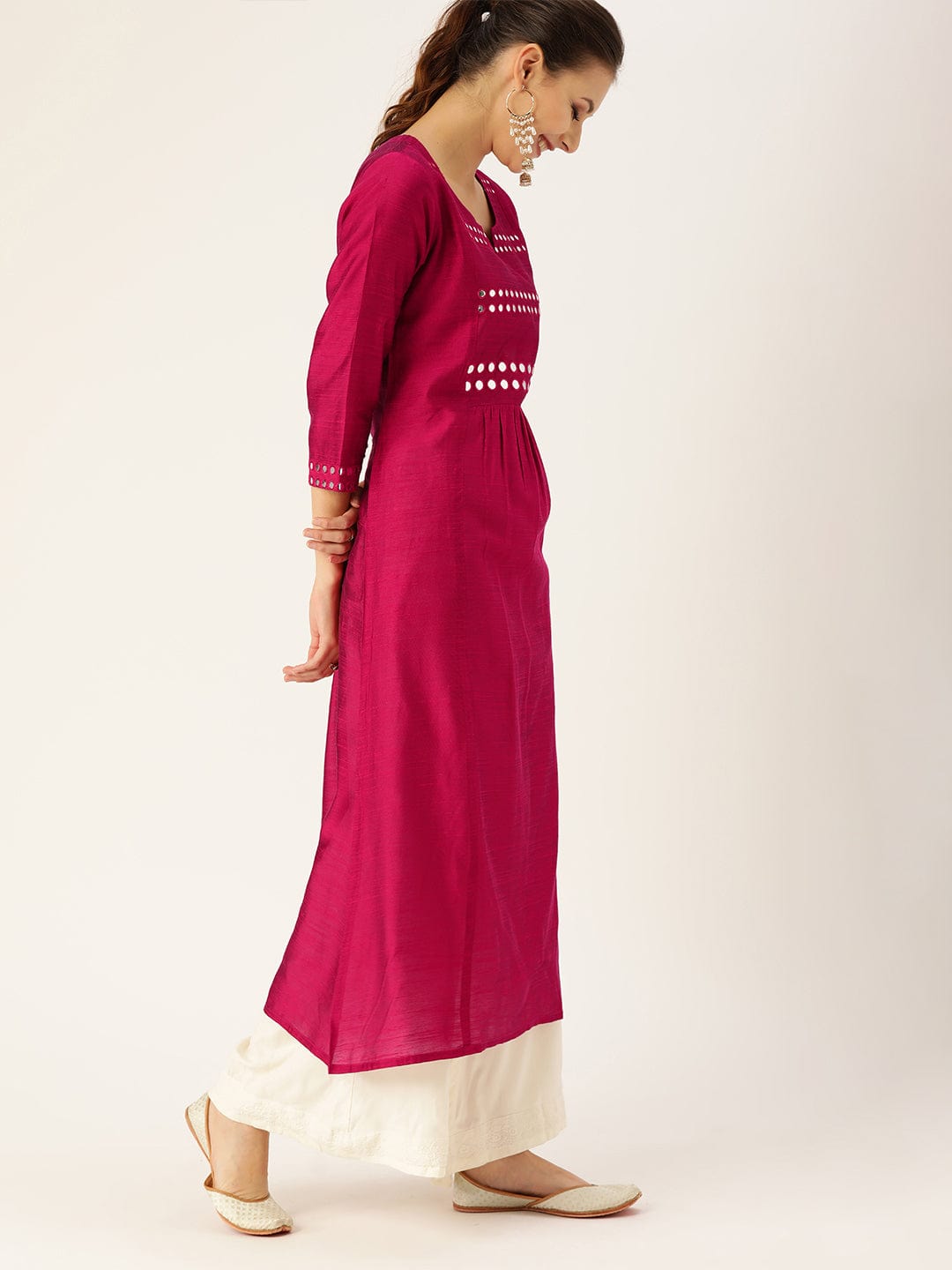 Women's Magenta & Silver-Toned Embellished A-Line Kurta
