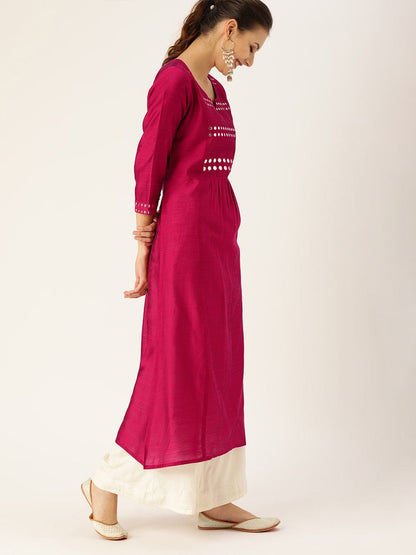 Women's Magenta & Silver-Toned Embellished A-Line Kurta