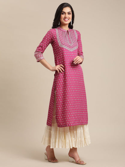 Women's Wine Bandhej Printed Kurta With Pink Cord Pipen Detailing