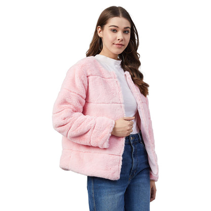 Women's Pink Faux Fur Open Jacket