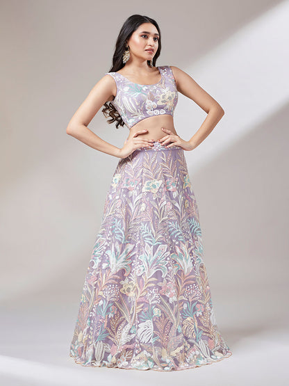 Women 's Muave Net Sequinse Work Ready to Wear Lehenga & stitched Blouse with Dupatta