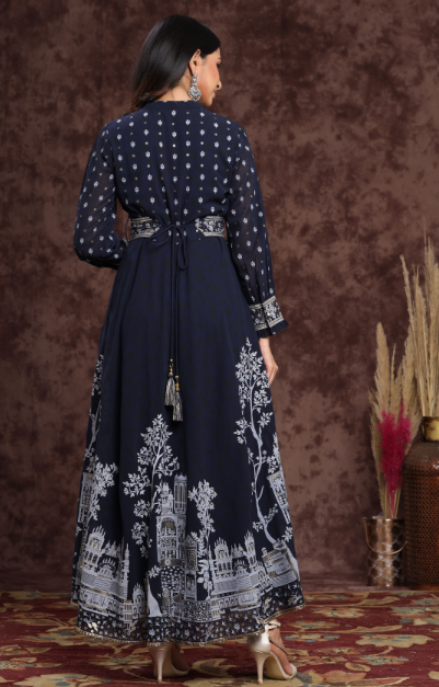 Women's Georgette Printed Flared Dress With Belt