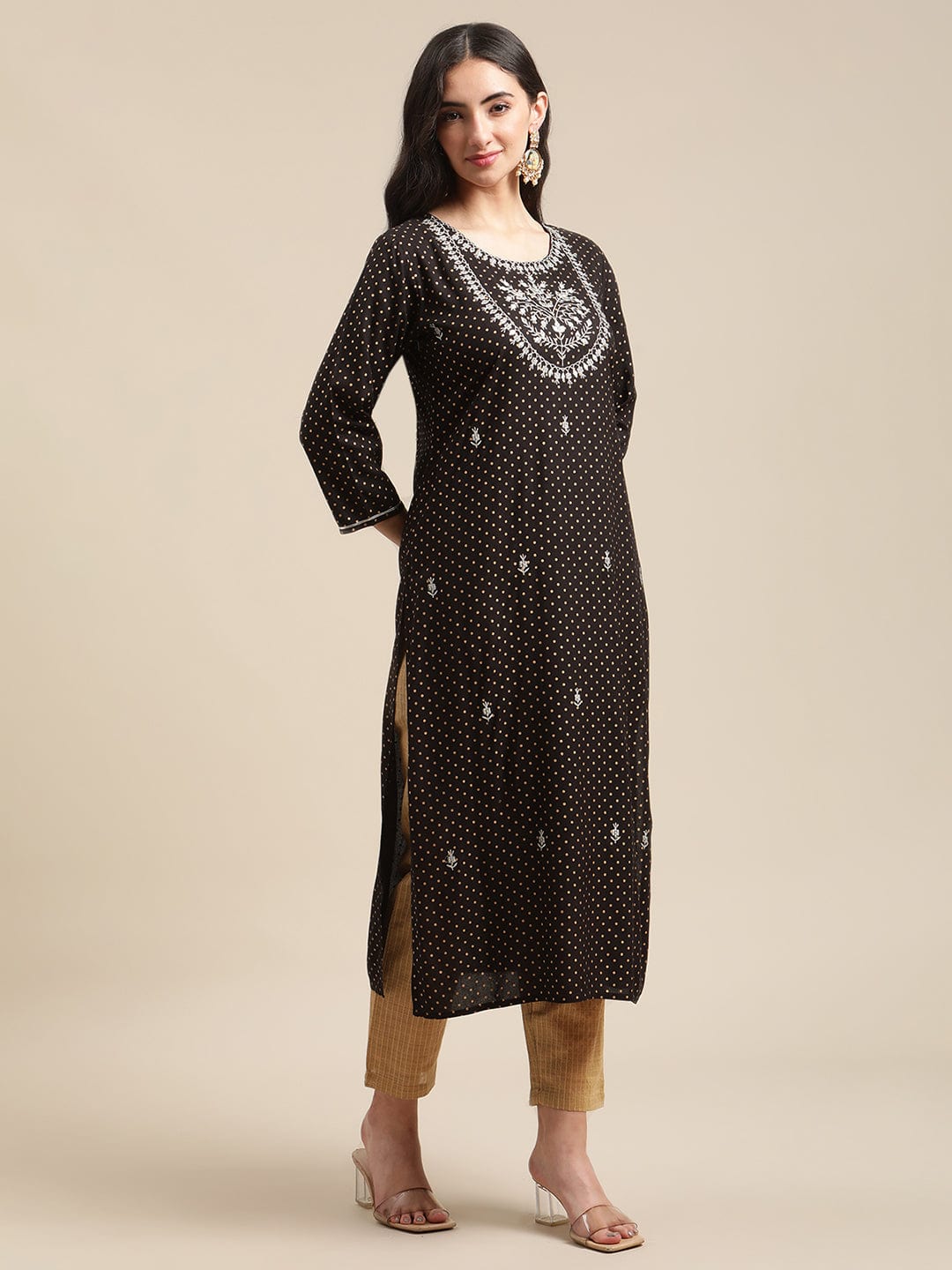 Women's Black And Gold Foil Printed Kurta With Zari And Mirror Yoke Embroidery