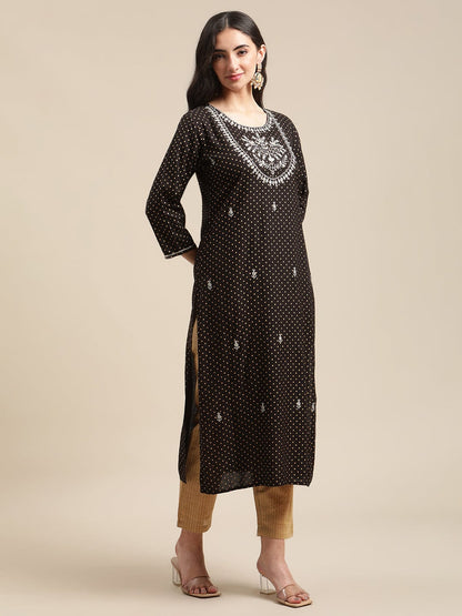 Women's Black And Gold Foil Printed Kurta With Zari And Mirror Yoke Embroidery