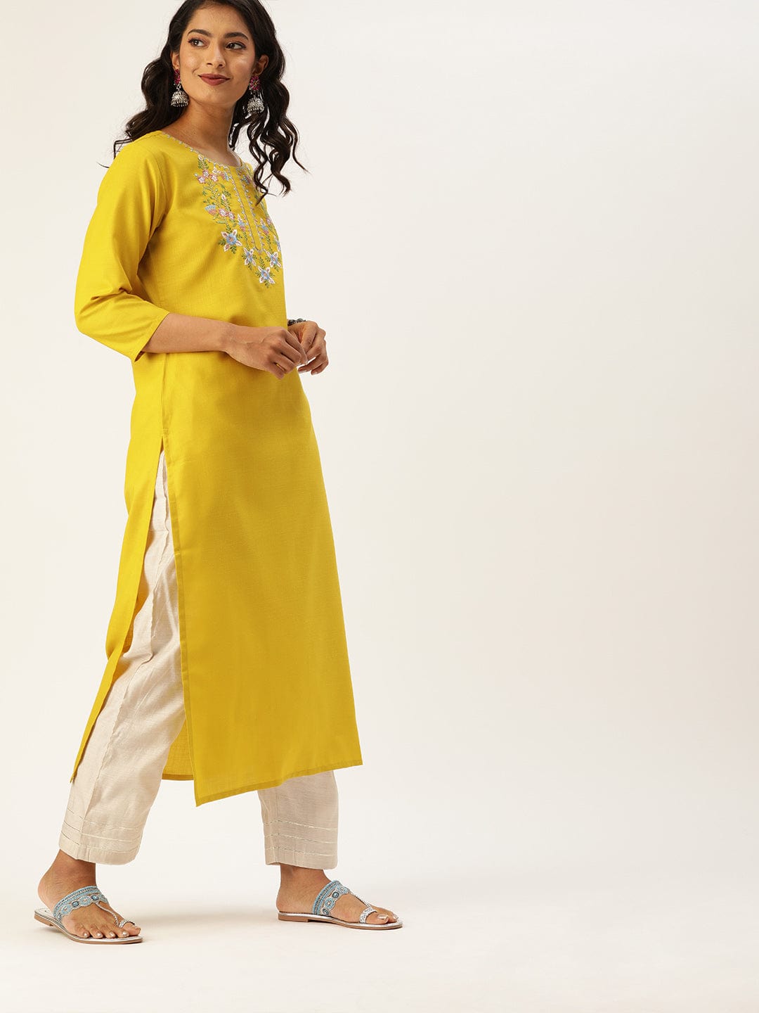 Women's Mustard Yellow Floral Yoke Embroidered Straight Kurta