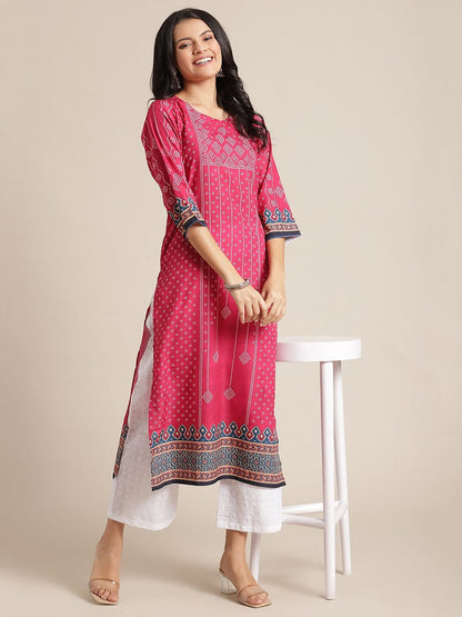 Women's KSUT Pink And Cream Bandhani Printed Straight Kurta With 3/4Th Sleeves