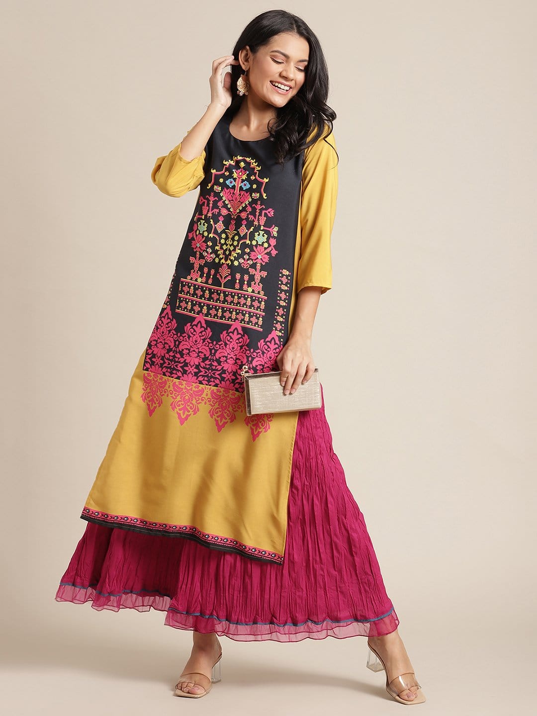 Women's KSUT Yellow And Black Abstract Printed Straight Kurta With 3/4Th Sleeves