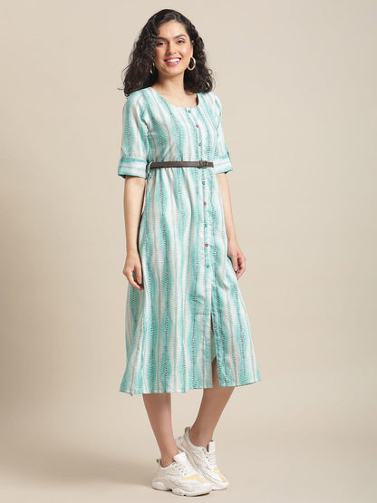 Women's Off-White And Blue Abstract Printed Panelled Kurta With Loops And Leather Belt