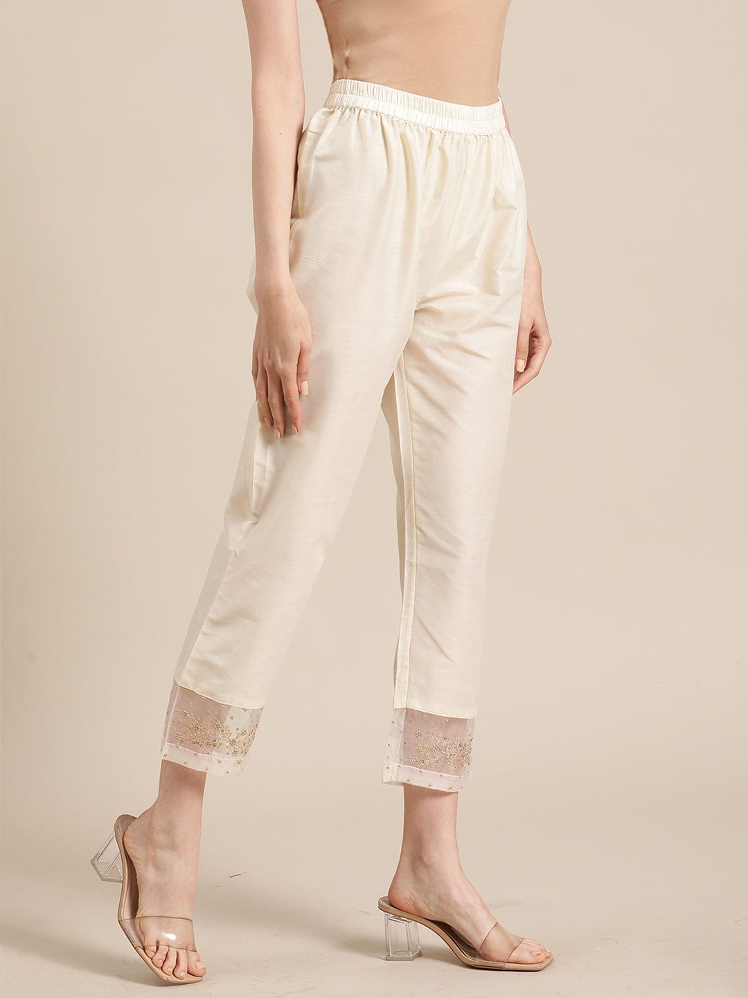 Women's Off White Silk & Organza Zari Embellished Trousers