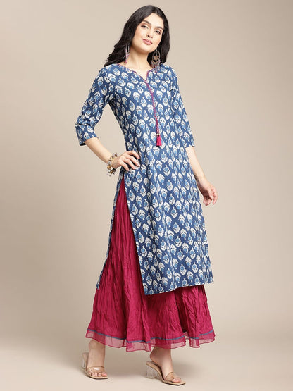 Women's Indigo Floral Printed Kurta With Handwork On Placket And Yoke