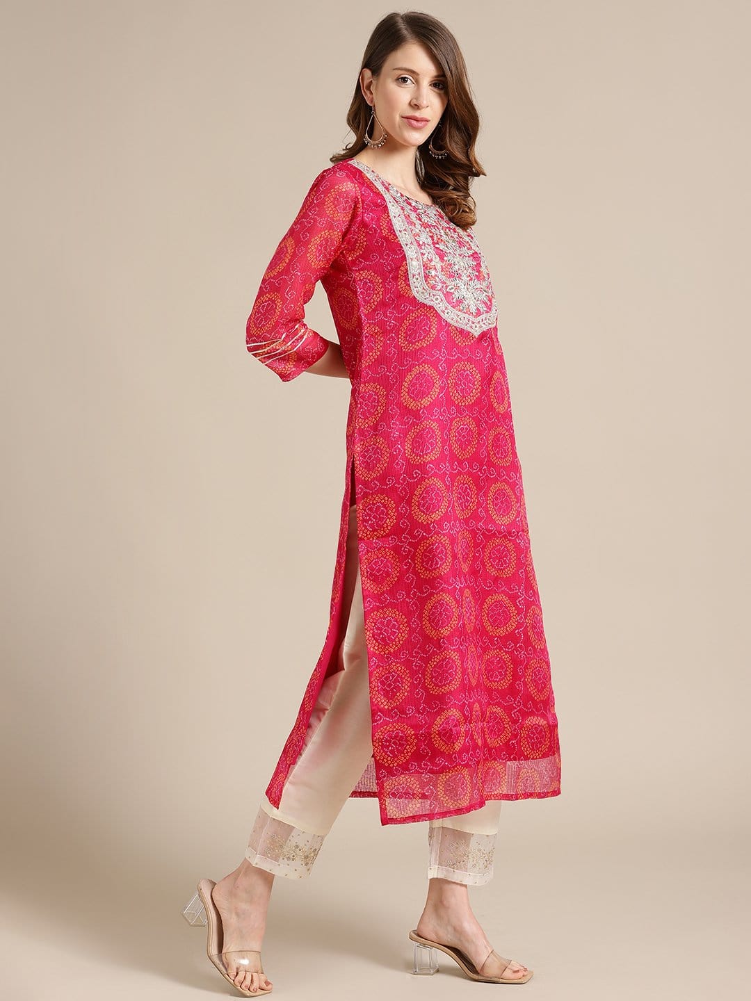 Women's KSUT Pink Bandhej Kurta With Zari Embellished Yoke Embroidery And 3/4Th Sleeves