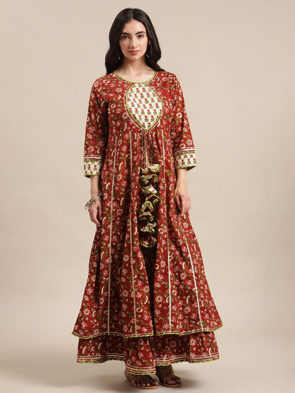 Women's Brown Floral Printed Front Open Anarkali Kurta Sharara Set