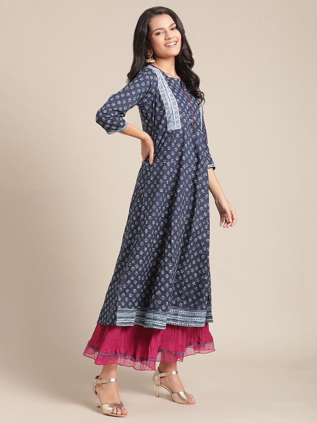 Women's Blue Floral Ankle Length Flared Kurta With Regular Sleeve And Round Neck