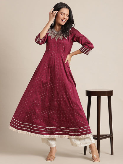 Women's Burgundy Anarkali Kurta With Zari Embroidery On Yoke And Embellished Sleeves