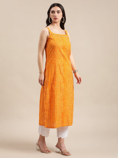 Women's Mustard And Off White Bandhej Printed Gota Embellishment Strap Kurta