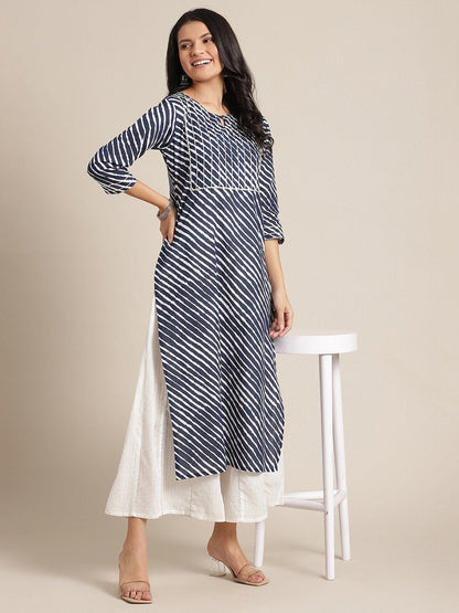 Women's Navy Blue Leheriya Printed Kurta With Gota Embellished  Yoke And Sleeves