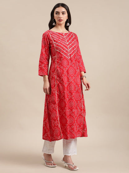 Women's Red Bandhej A Line Gota Embellished Kurta With Round Keyhole At Back
