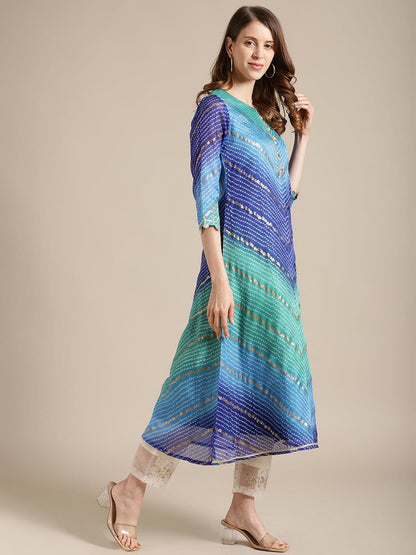 Women's Blue And Sea Green Bandhej Foil Printed Kurta With Gota Fan Embellishment On Yoke