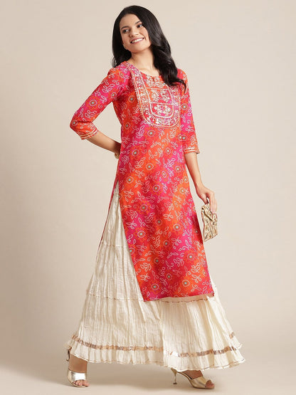 Women's KSUT Pink And Orange  Bandhani Zari Embroidery Kurta With Gota Embellished Sleeves