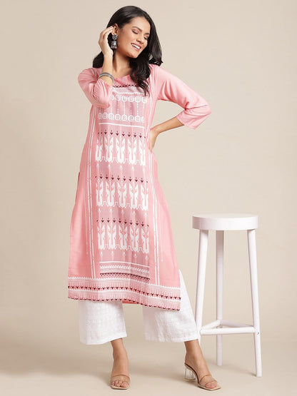 Women's KSUT Pink And White Geometric Printed Straight Kurta With 3/4Th Sleeves