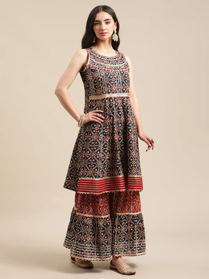 Women's Blue And Maroon Patola Printed Panelled Kurta Sharara Set With Chiffon Dupatta