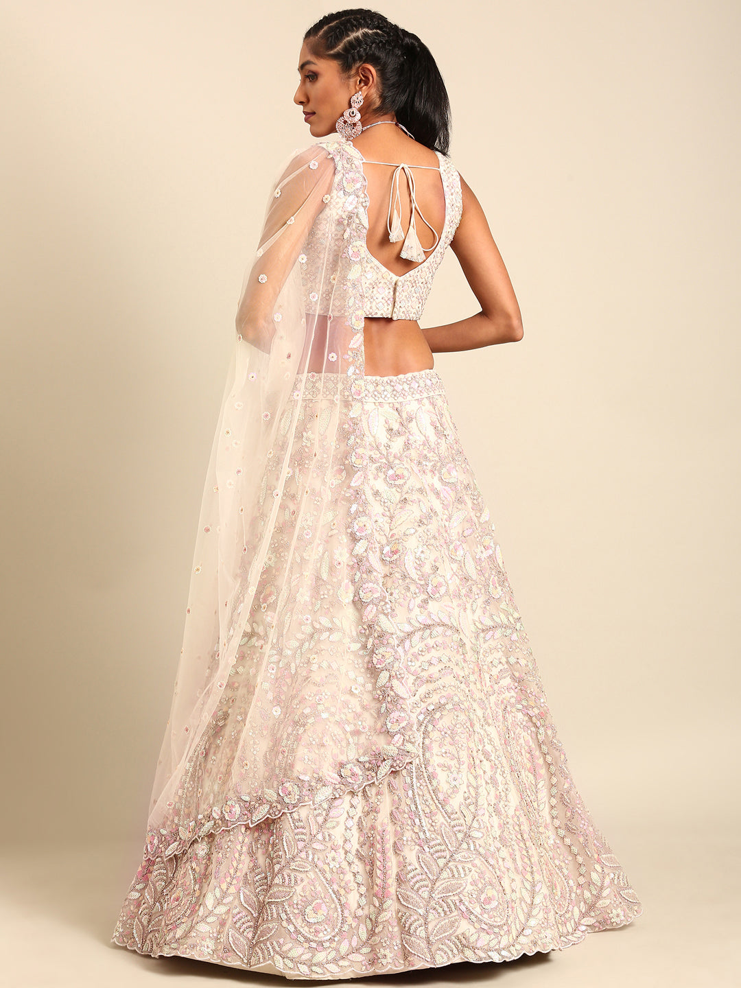 Women 's Cream Net Multi Sequins with heavy Zarkan embroidery Ready to Wear Lehenga choli & Dupatta