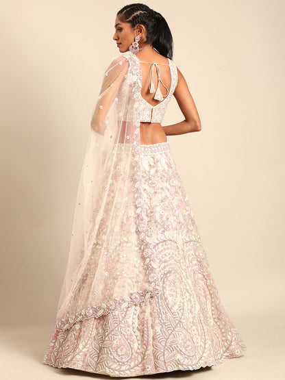 Women 's Cream Net Multi Sequins with heavy Zarkan embroidery Ready to Wear Lehenga choli & Dupatta