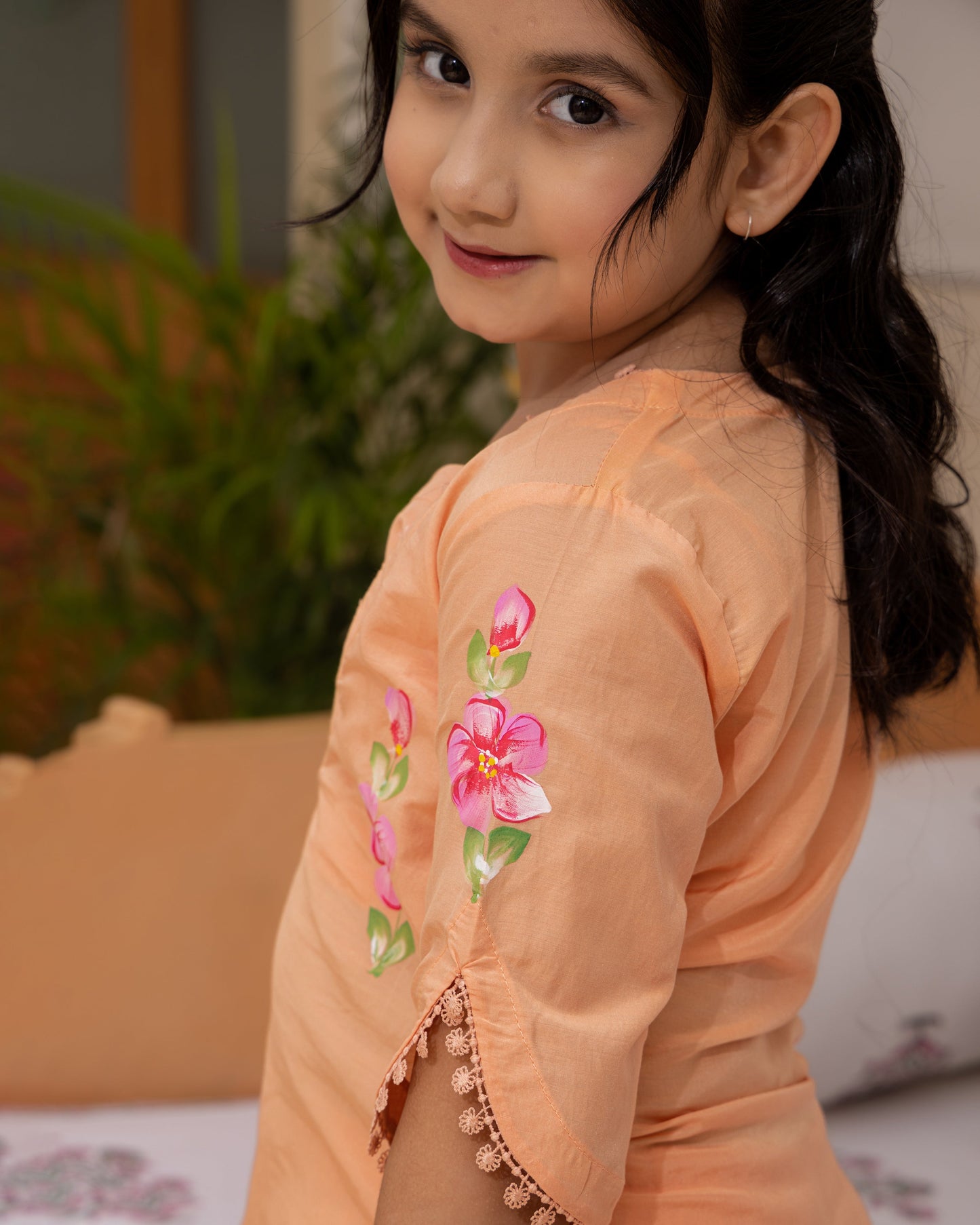 Girl's Posie Orange Handpainted Chanderi Co ord Set