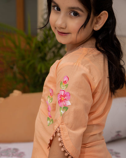 Girl's Posie Orange Handpainted Chanderi Co ord Set
