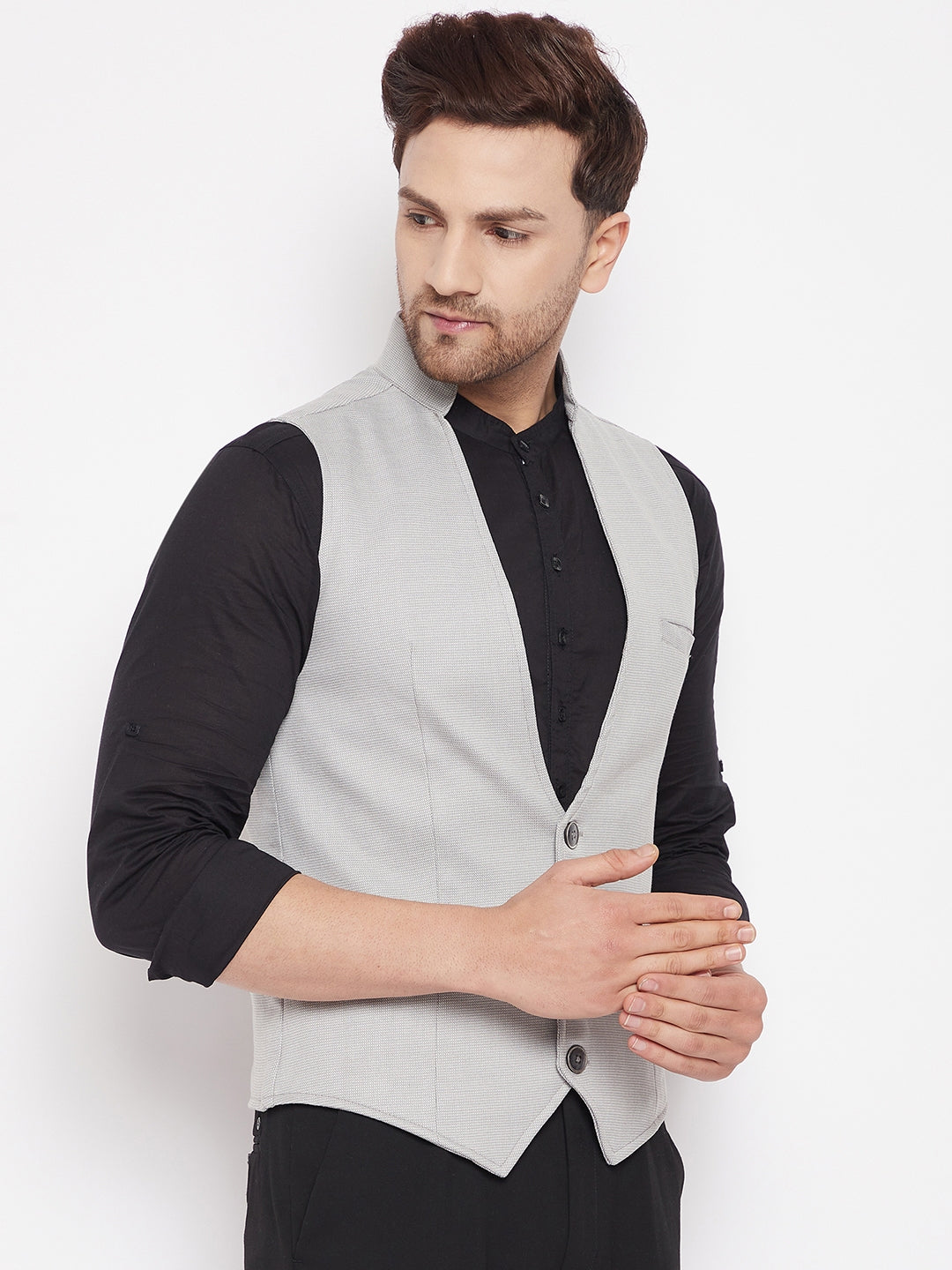 Men's Grey Color Woven Nehru Jacket